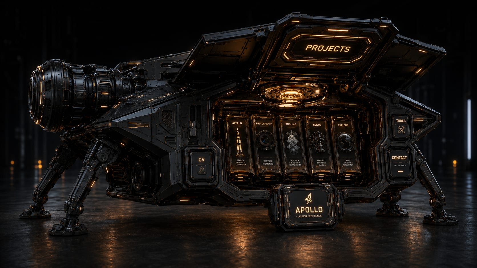 The exploration machine: a six-legged lander with its PROJECTS hatch open and five cartridge bays lit inside.